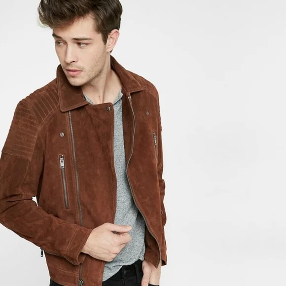EXPRESS Brown Genuine Suede Peccary Quilted Biker Moto Jacket Unisex - Picture 2 of 6